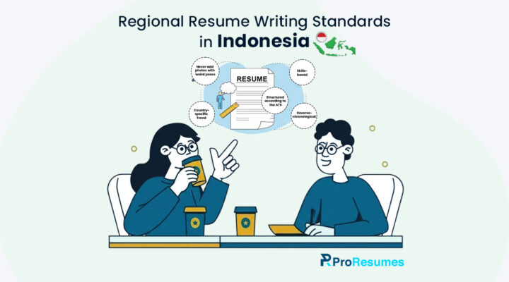 Regional resume writing standards in Indonesia infographic showing CV tips, ATS-friendly structure, skills-based format, and reverse chronological resume guidance.